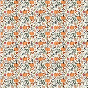 May include: A repeating pattern on a cream background featuring orange pumpkins, red apples, and various autumn-themed botanical elements including green leaves, brown oak leaves, and small berries arranged in a vertical, organized layout.