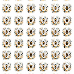 May include: A sheet of stickers featuring a repeating pattern of bees surrounded by floral wreaths. The bees are black and yellow, and the wreaths include yellow, orange, and white flowers with green leaves, all on a white background.