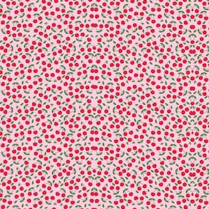 Puede incluir: Un patrón repetitivo de cerezas rojas con tallos y hojas verdes sobre un fondo rosa claro. Las cerezas están espaciadas uniformemente, creando un diseño denso. El patrón es adecuado para tela o papel pintado.