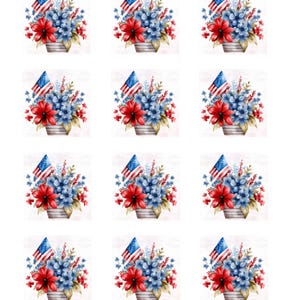 May include: A sheet of twelve floral arrangements in a watercolor style. Each arrangement features red and blue flowers, a small American flag, and is set in a metal bucket. The overall theme is patriotic and festive.