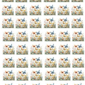 May include: A sheet of stickers featuring watercolor illustrations of butterflies and wildflowers. The butterflies are in shades of blue, orange, and brown, while the flowers are yellow and orange. The stickers are arranged in a grid pattern.
