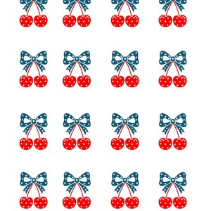 May include: A repeating pattern of red cherries with white polka dots and blue bows decorated with white stars. The cherries are connected by a stem. The background is white.
