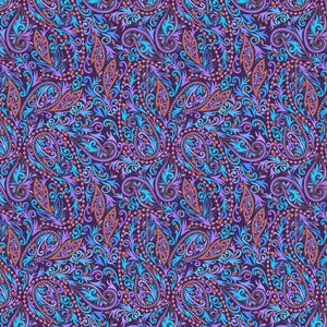 Puede incluir: Un patrón de paisley sin costuras con un diseño repetitivo. El patrón muestra detalles intrincados con una paleta de colores púrpura oscuro, verde azulado, azul claro y naranja. El diseño es ornamentado y decorativo, adecuado para tela o papel pintado.