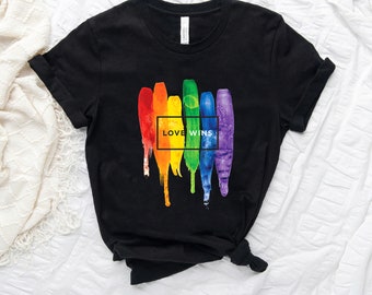 Watercolor Love Wins Rainbow Paint Typographic T Shirts #B079P1WHLM