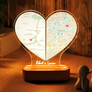 Custom Two Location Heart Night Light - Personalized Map Print - Nightlight for Long Distance Love - Engaged Couples - Anniversary Gifts