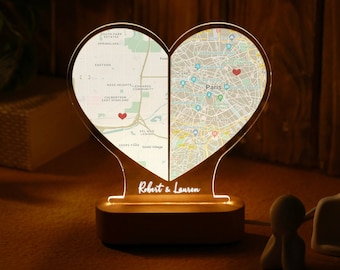 Custom Two Location Heart Night Light - Personalized Map Print - Nightlight for Long Distance Love - Engaged Couples - Anniversary Gifts