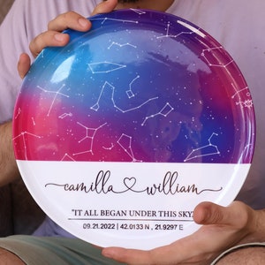 Assiette en porcelaine carte des étoiles personnalisée - Cadeau unique pour les mariages et les fiançailles - Carte de la constellation personnalisée - Cadeaux d'anniversaire pour lui et elle