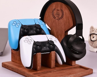 Cadeau de Noël pour lui - Cadeau en bois personnalisé pour manette et support de casque - Cadeau d'anniversaire de mari - Déco pour salle de gamer - Gifs Accessoires tech