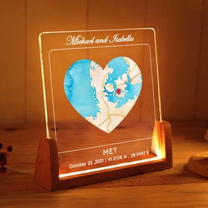 Veilleuse personnalisée « Notre premier rendez-vous » - Carte où nous nous sommes rencontrés - Cadeau pour couple personnalisé - Plaque personnalisée avec impression de carte - Là où tout a commencé