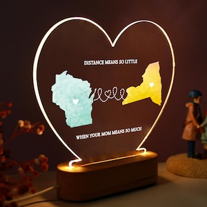 Luz de noche personalizada con dos mapas: regalo de hija para mamá, regalo único para el Día de la Madre, regalo para el Día de la Madre a larga distancia, regalo de cumpleaños para mamá