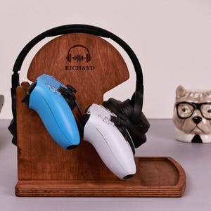 Wooden Controller Stand for Gaming - Headphone and Console Organizer - Christmas Gift Him