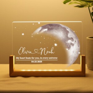 Veilleuse LED romantique phase de lune - Lampe lunaire personnalisée pour couple, cadeau de Saint-Valentin ou d'anniversaire pour elle, cadeau de Noël pour elle