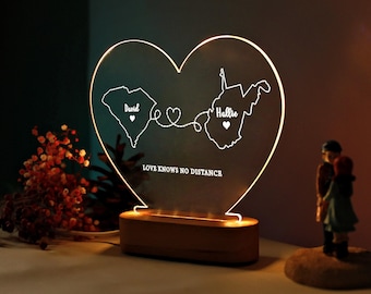 Anpassad nattlampa med två kartor för par - Present till långdistansrelationer - Alla hjärtans dag-present för långdistansrelationer - Present till par - Present till älskare