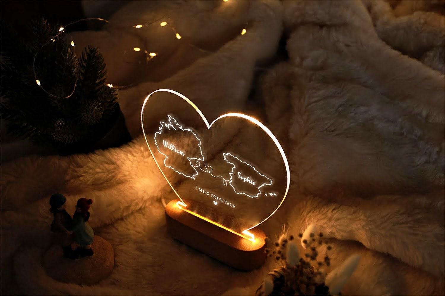 Custom Two Map Night Light For Couples – Long Distance Gift With Engraved City Maps & Wood Base