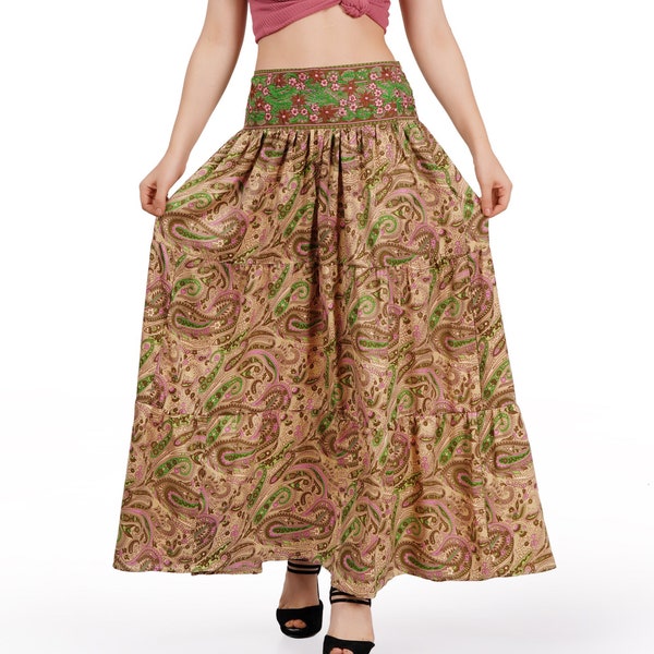 New Women Maxi Silk Skirt, Bobbin Elastic Skirt With Embroidery, Casual Silk Skirt, Evening Wear, comfortable Waist Size 30 to 42 Inches