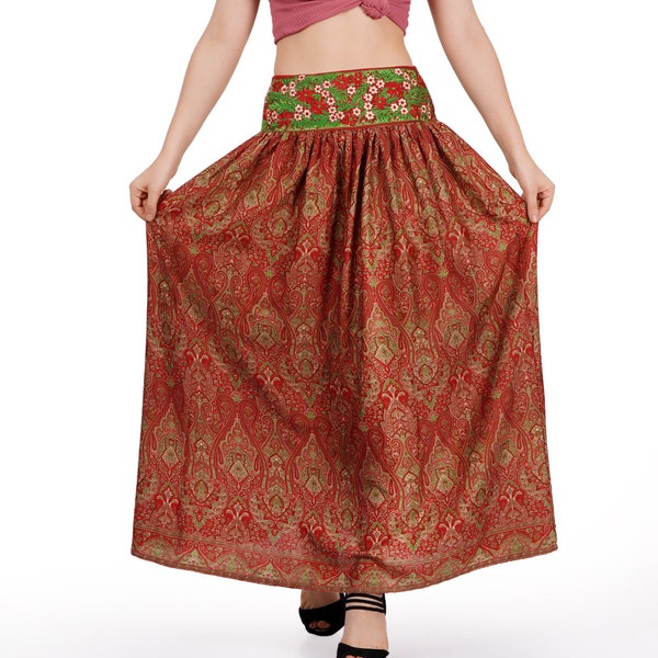 Floral Embroidered Skirt Free Size Bobbin Elastic Hippie Boho Skirt Silk Maxi Skirt European Fashion Elegant Casual Wear Waist Size 30 to 42