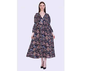 Stylish JEP Holland Diana V-Neck Long Sleeve Maxi Dress - Comfortable Floral Print Retro Style Midi Dress for Women