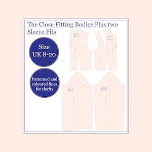 May include: A sewing pattern for a close-fitting bodice with two sleeve fits. The pattern is for sizes UK 8-20. The pattern is printed on white paper with blue lines and text. The text says "The Close Fitting Bodice Plus two Sleeve Fits" and "Size UK 8-20".