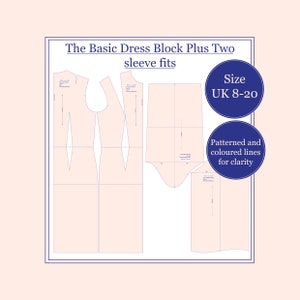 Pode incluir: Um padrão de costura com o texto "The Basic Dress Block Plus Two sleeve fits." O padrão inclui peças de vestido e mangas, com o tamanho UK 8-20. O texto "Patterned and coloured lines for clarity" também está incluído.