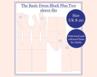 UK Size 8 - 20 Basic Dress block plus two sleeves patterns
