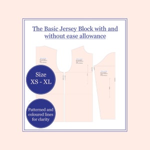 Może przedstawiać: Diagram przedstawiający podstawowy blok jerseyowy z i bez luzu. Diagram jest dla rozmiarów od XS do XL. Diagram jest wzorzysty i kolorowy dla lepszej czytelności.