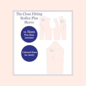 Close fitting bodice block plus sleeve patterns in 11 sizes