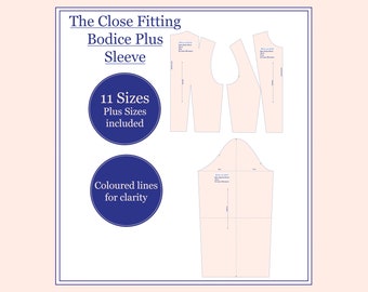 Close fitting bodice block plus sleeve patterns in 11 sizes