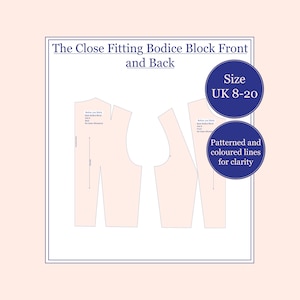 May include: A diagram of the front and back bodice block patterns, with the text "The Close Fitting Bodice Block Front and Back." The size range is UK 8-20. The text "Patterned and coloured lines for clarity" is also included.