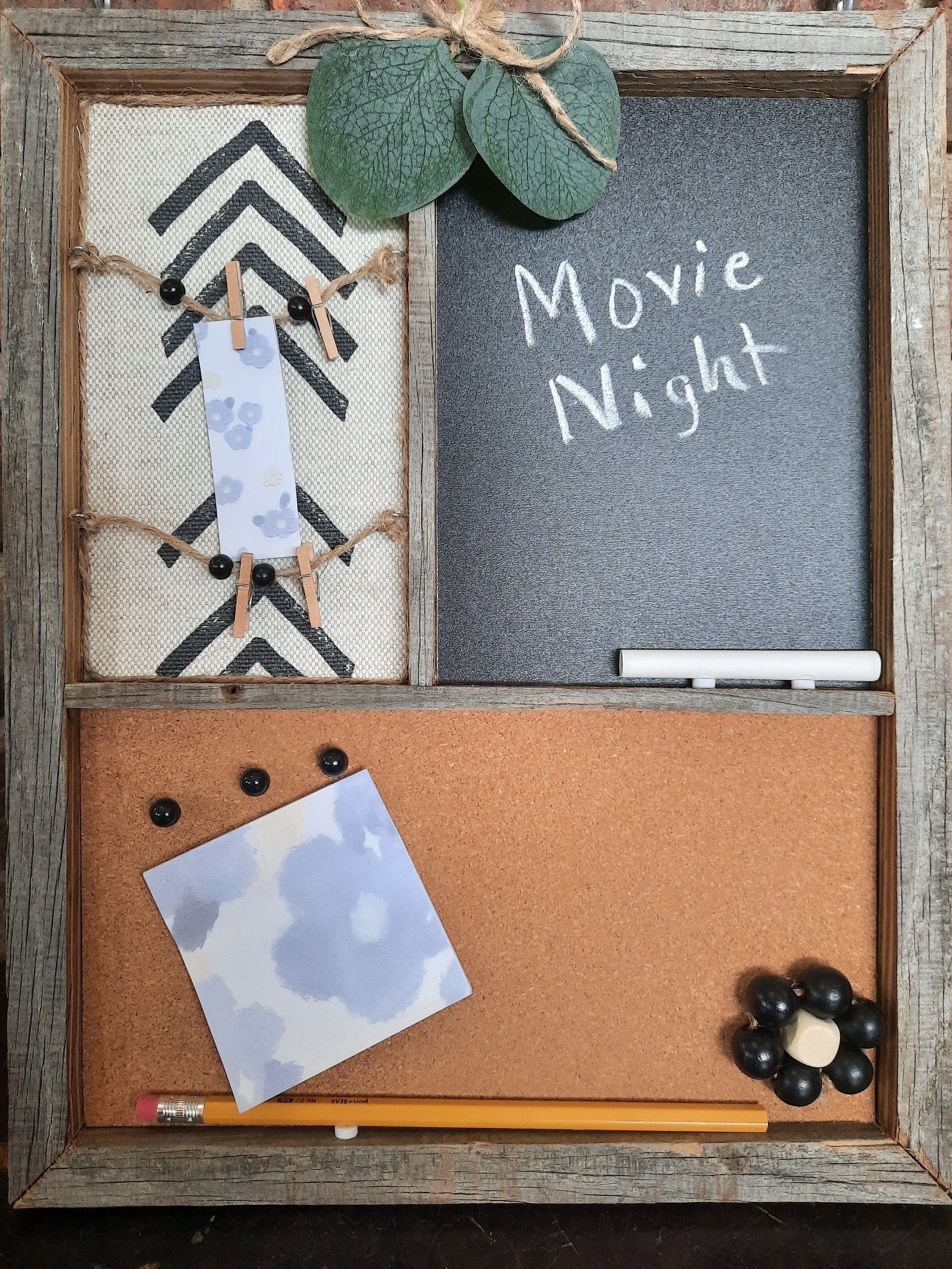 Memo Board, Rustic Wood, Boho, Sticky Notes, Bead Handle, Chalk Board, Cork Board