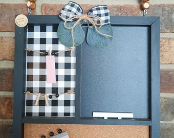 Home or office Memo board, Black wood, buffalo vinyl, sticky notes, bead handle, chalk board, cork board, boutiqueinthecountry