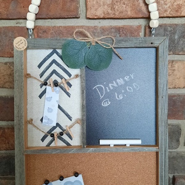 Pin board,Memo board, Rustic wood, message board, wood, distressed, boho, chalk board, cork board, twine, bead handle,