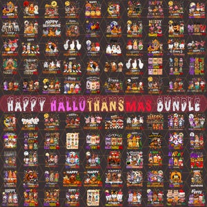 Puede incluir: Una colección digital de numerosos diseños gráficos con temas estacionales de Halloween y Acción de Gracias, dispuestos en una cuadrícula. El texto central dice Happy Hallothanksmas Bundle en una fuente estilizada multicolor.