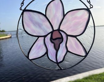 Purple Orchid Stained Glass Suncatcher Hand Blown Glass