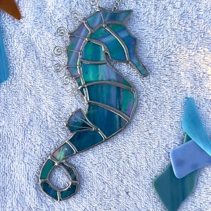 Seahorse Blue Iridescent Stained Glass Seahorse Suncatcher