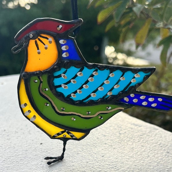 Glass Folk Painted Bird Suncatcher Folk Art Bird Sculpture