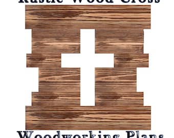 May include: Rustic Wood Cross woodworking plans. A white cross is cut out of a brown wooden board with a wood grain pattern.