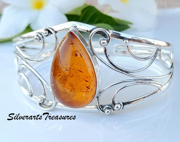 Handmade Sterling Silver Amber Bangle: Adjustable Boho Jewelry