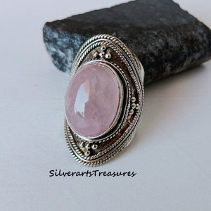 Handgemachter Rosenquarz 925 Sterling Silber Ring: Boho Edelstein Schmuck