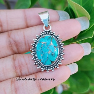 Blue Copper Turquoise Pendant, 925 Silver Pendant, Turquoise Pendant, Handmade Jewelry, Pendant For Women, Engagement Gift, Gift For Her.