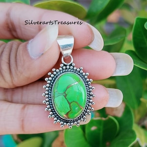 Green Copper Turquoise Pendant: Handmade Sterling Silver Gemstone Jewelry