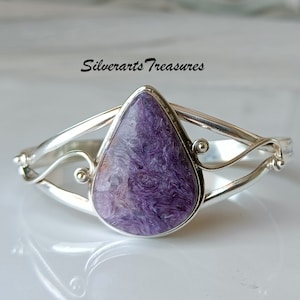 Handmade Charoite Bangle: 925 Sterling Silver Gemstone Bracelet