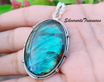 Blue Fire Labradorite Pendant: Handmade 925 Sterling Silver Jewelry