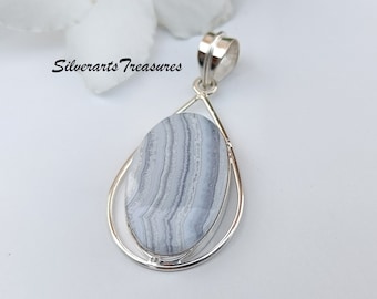 Blue Lace Agate 925 Sterling Silver Pendant: Handmade Jewelry