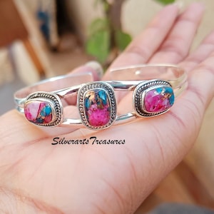 Bracelet jonc rose huître turquoise : Bracelet réglable en argent sterling