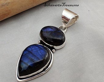 Pendentif En Labradorite Bleue Feu - Pierre Précieuse 55cts - Monture Plaqué Argent - Fait Main En Inde - NEUF