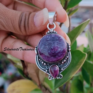 Handmade Charoite & Amethyst Pendant: 925 Sterling Silver Boho Jewelry