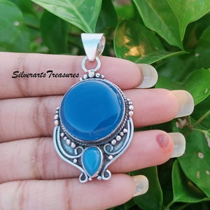 Pendentif fait main en argent sterling 925 avec calcédoine bleue