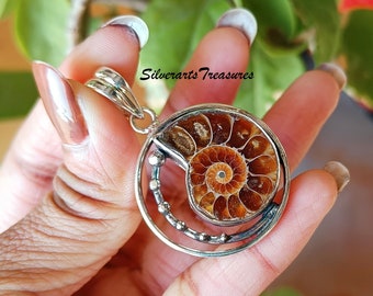 Ammonite Fossil Gemstone Handmade Pendant, 925 Sterling Silver Pendant, Ammonite Fossil Jewelry, Ammonite Fossil Necklace, Women Pendant.