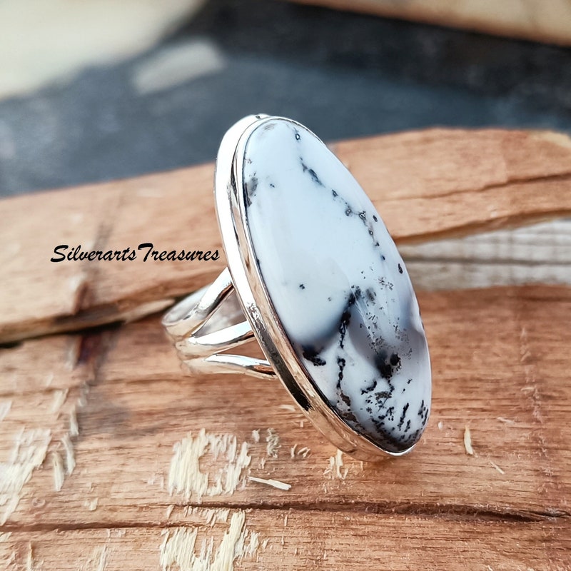 •DENDRITIC OPAL - OVAL• simple bezel silver ring (size 7.75)