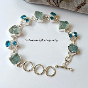 Rough Aquamarine & Blue Topaz Bracelet, 925 Sterling Silver, Boho Handmade Jewelry